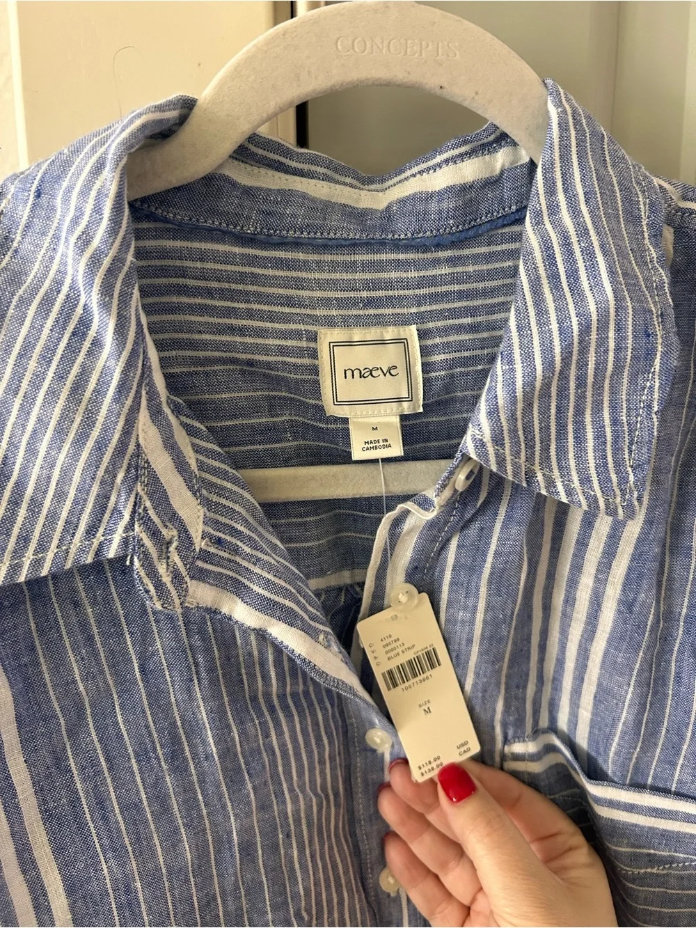 NWT Anthropologie Maeve Shrunken Bennet Linen Buttondown Shirt Blue Stripe - Picture 7 of 8